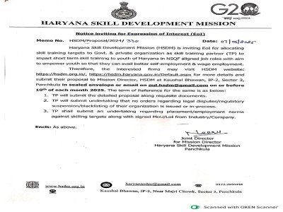 EOI/RFP for becoming a Skill Training Partner under Haryana Skill Development Mission (HSDM)